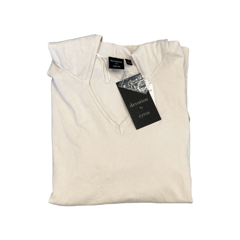 DEVOTION by CYRUS Kangaroo Pocket V-Neck Hoodie Knit Sweater Beige - Size 1X - Picture 4 of 5